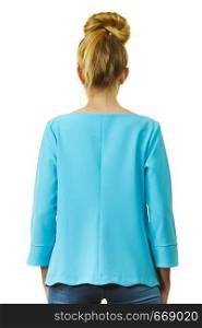Adult woman presenting her casual beautiful outfit, long sleeved blue top from back.. Woman wearing casual outfit