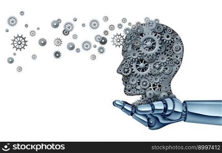 Advanced Business technology concept as a robot hand holding a group of machine gears shaped as a human head as a symbol and metaphor for the transfer of industry information or corporate machine training and AI with 3D illustration elements.