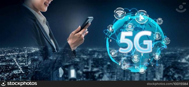Advanced communication and global internet network connection in smart city . Concept of future 5G wireless digital connecting and social media networking .. Advanced communication and global internet network connection in smart city
