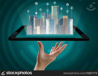 Advanced communication and global internet network connection in smart city . Concept of future 5G wireless digital connecting and social media networking .