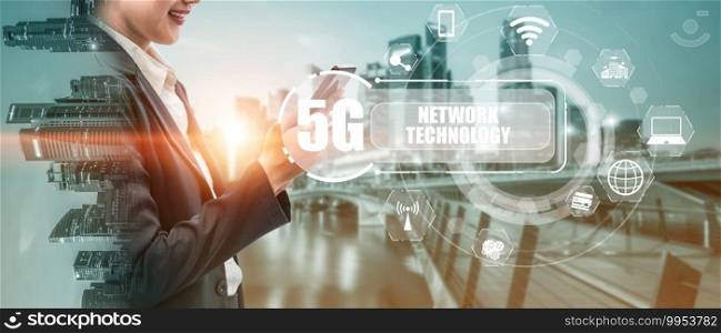 Advanced communication and global internet network connection in smart city . Concept of future 5G wireless digital connecting and social media networking .