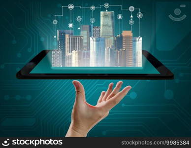 Advanced communication and global internet network connection in smart city . Concept of future 5G wireless digital connecting and social media networking .. Advanced communication and global internet network connection in smart city