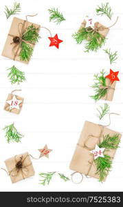 Advent calendar. Wrapped gifts with christmas decoration. Flat lay