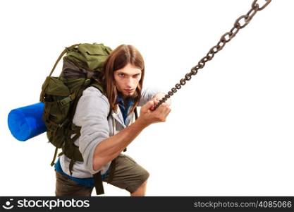 Adventure mountain active lifestyle concept. Tourist male hiker climbs rock posing in studio isolated on white