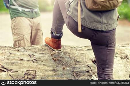 adventure, travel, tourism, hike and people concept - close up of couple with backpacks walking and climbing over fallen tree trunk in woods. close up of couple with backpacks hiking. close up of couple with backpacks hiking