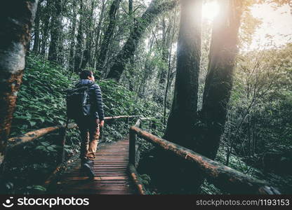 Adventures man trail hiking in the forest