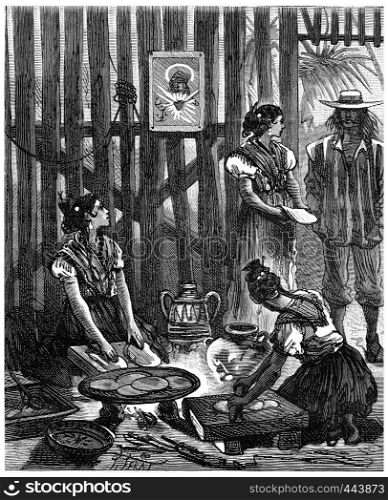 Adventures of an heir worldwide, The brown beauties of Sonora crushed corn boiled, vintage engraved illustration. Journal des Voyage, Travel Journal, (1880-81).