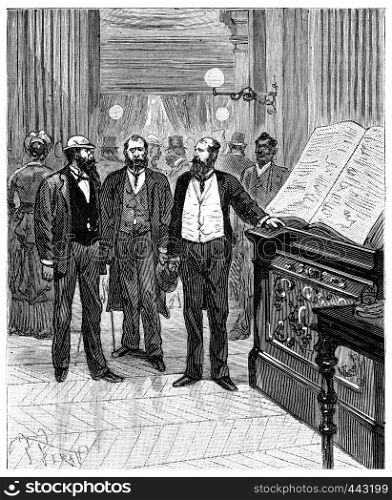 Adventures of an heir worldwide, The entry in the register of the hotel, vintage engraved illustration. Journal des Voyage, Travel Journal, (1880-81).
