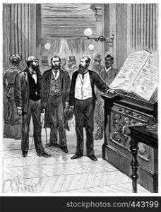 Adventures of an heir worldwide, The entry in the register of the hotel, vintage engraved illustration. Journal des Voyage, Travel Journal, (1880-81).
