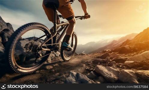 Adventurous Cyclist Tackling a Rugged Mountain Trail. Generative ai. High quality illustration. Adventurous Cyclist Tackling a Rugged Mountain Trail. Generative ai
