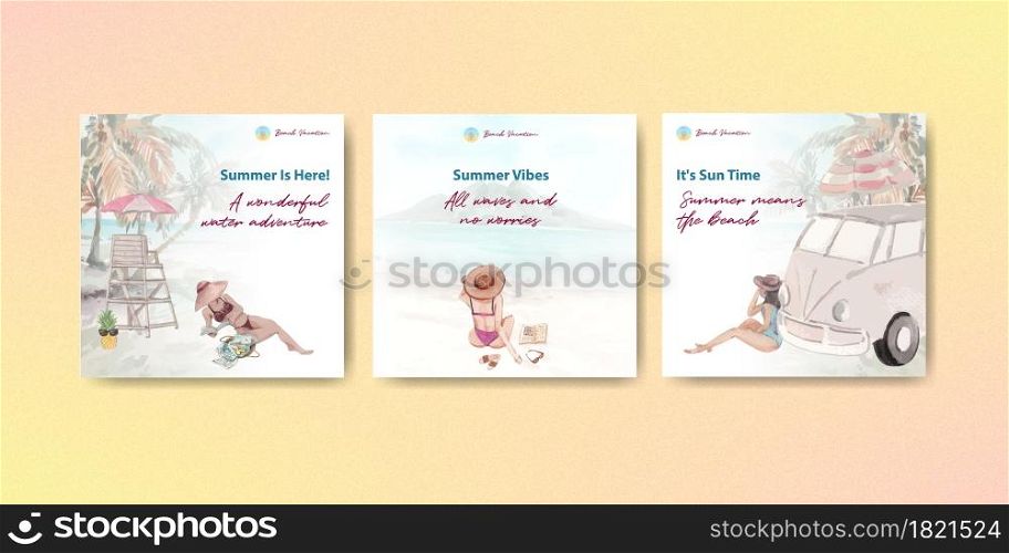 Advertise template with beach vacation concept design for marketing watercolor illustration