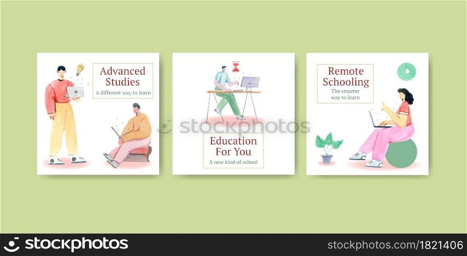 Advertise template with online learning concept design for marketing watercolor illustration