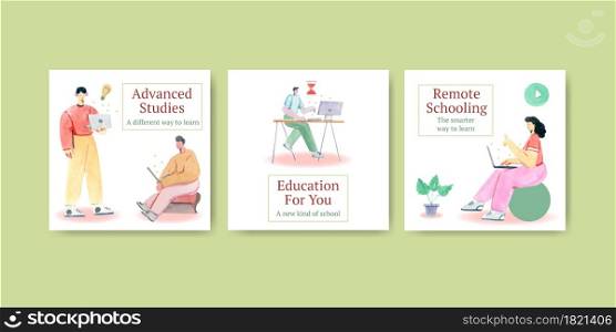 Advertise template with online learning concept design for marketing watercolor illustration