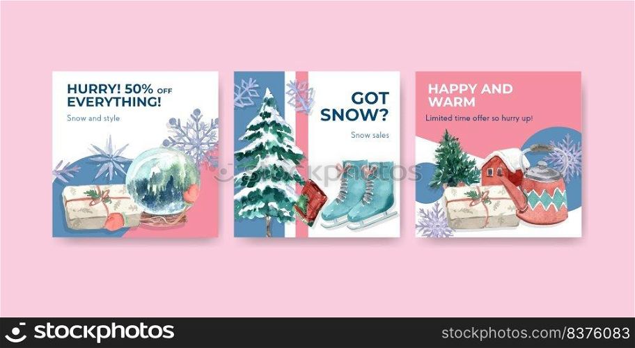 Advertise template with winter sale concept design for ads and marketing watercolor vector illustration 
