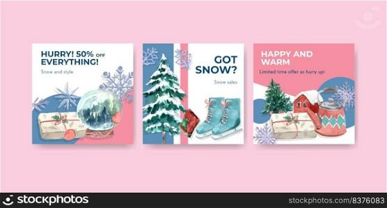 Advertise template with winter sale concept design for ads and marketing watercolor vector illustration 