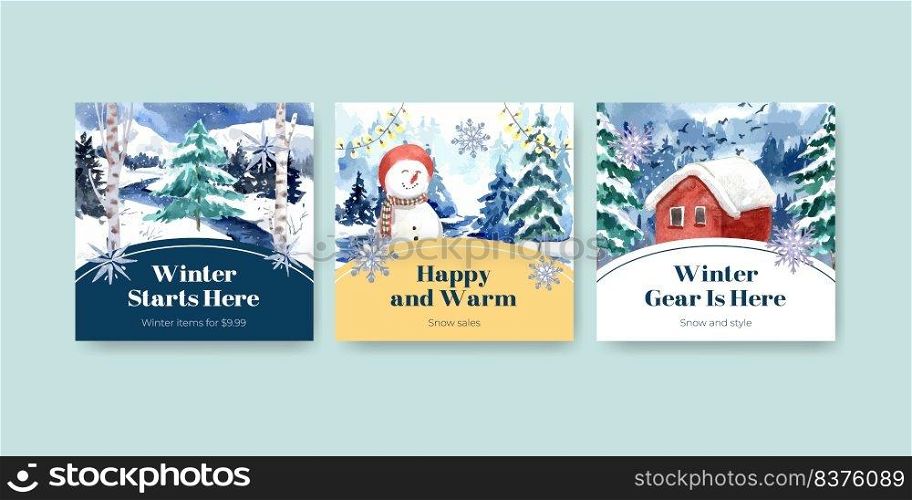 Advertise template with winter sale concept design for ads and marketing watercolor vector illustration
