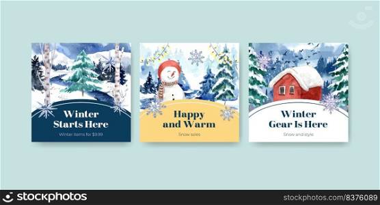 Advertise template with winter sale concept design for ads and marketing watercolor vector illustration
