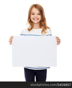 advertisement, art, children, happiness and painting concept - smiling little child holding blank white poster