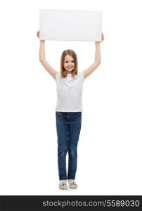 advertisement, art, children, happiness and painting concept - smiling little child in white blank t-shirt holding blank white board