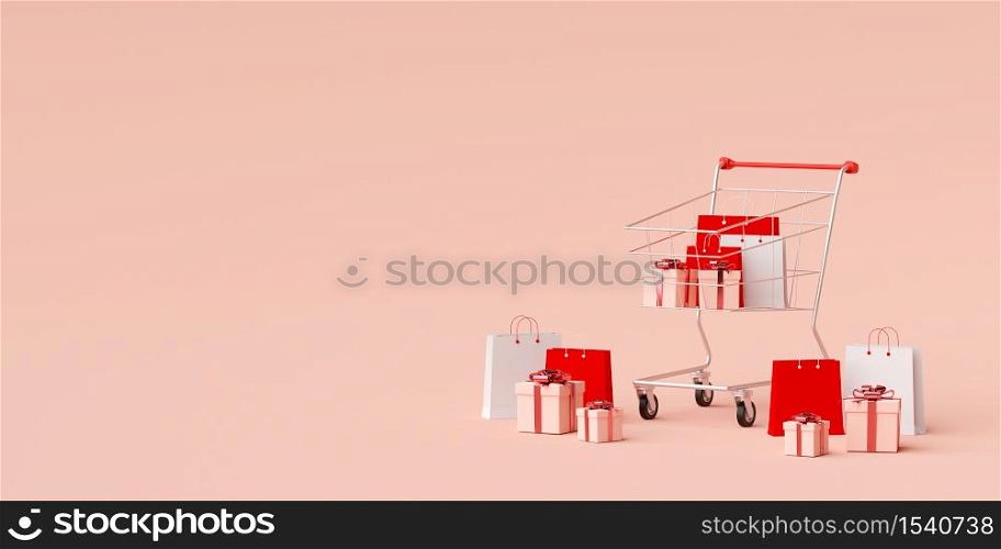 Advertisement banner background for web design, Shopping bag and gift with Shopping cart on pink background, 3d rendering