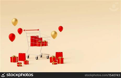 Advertisement banner background for web design, Shopping bag and gift with Shopping cart, 3d rendering