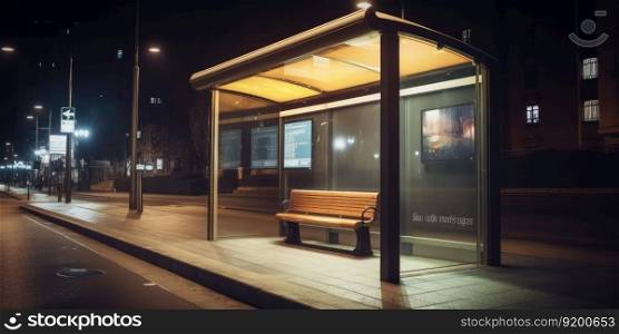 Advertisement billboard mock up display space at bus stop in town street night