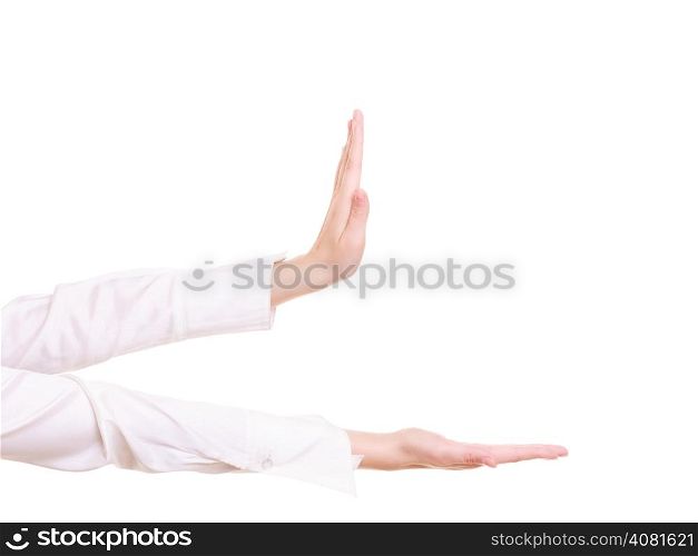 Advertisement. Blank copy space on empty hand of woman in shirt isolated on white.