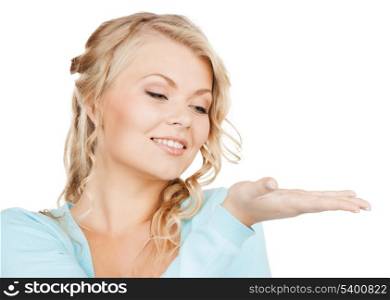 advertisement, business, promotion concept - woman showing something on the palm of her hand