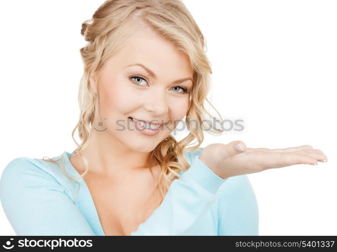 advertisement, business, promotion concept - woman showing something on the palm of her hand