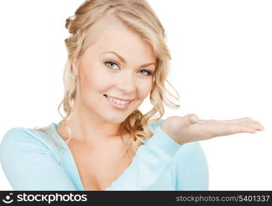 advertisement, business, promotion concept - woman showing something on the palm of her hand