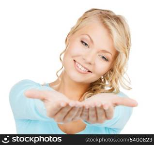 advertisement, business, promotion concept - woman showing something on the palms of her hands