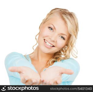 advertisement, business, promotion concept - woman showing something on the palms of her hands