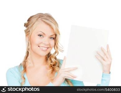 advertisement, business, promotion concept - woman with blank board