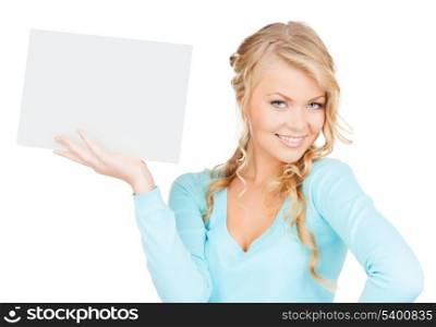 advertisement, business, promotion concept - woman with blank board