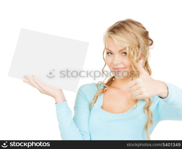 advertisement, business, promotion concept - woman with blank board showing thumbs up gestuge