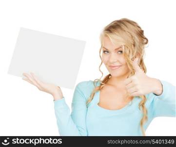 advertisement, business, promotion concept - woman with blank board showing thumbs up gestuge