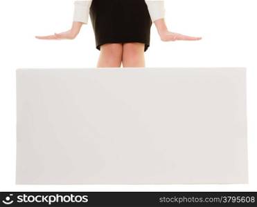 Advertisement. Closeup of female legs. Woman showing on blank banner isolated. Businesswoman recommending product.