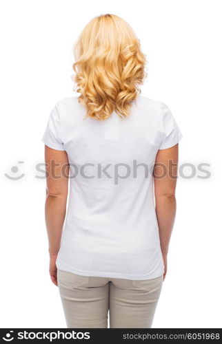 advertisement, clothes and people concept - woman in blank white t-shirt from back