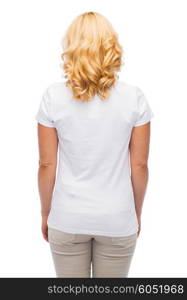 advertisement, clothes and people concept - woman in blank white t-shirt from back