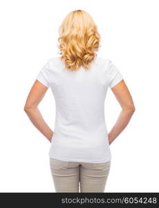 advertisement, clothes and people concept - woman in blank white t-shirt from back