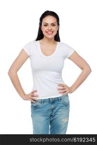 advertisement, clothing and people concept - happy smiling young woman or teenage girl in white t-shirt