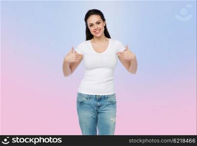 advertisement, clothing and people concept - happy smiling young woman or teenage girl in white t-shirt pointing finger to herself over rose quartz and serenity gradient background