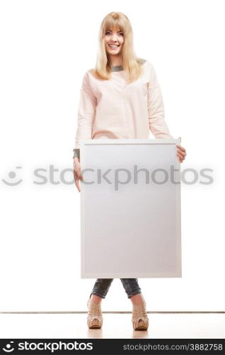 Advertisement concept. Fashion woman full body with blank presentation board. Female model showing banner sign billboard copy space for text. Isolated