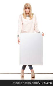 Advertisement concept. Fashion woman full body with blank presentation board. Female model showing banner sign billboard copy space for text. Isolated