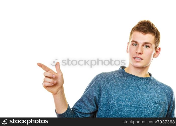 advertisement concept. Man pointing with finger copy space empty blank isolated on white