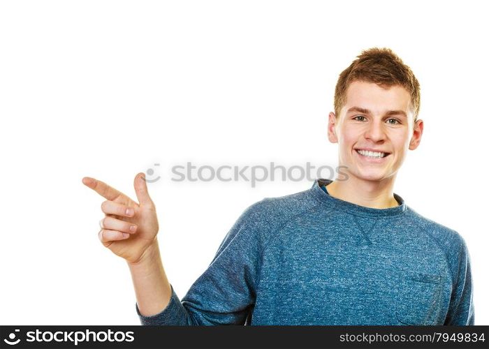 advertisement concept. Man pointing with finger copy space empty blank isolated on white