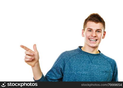 advertisement concept. Man pointing with finger copy space empty blank isolated on white