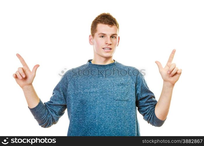 advertisement concept. Man pointing with fingers copy space empty blank isolated on white