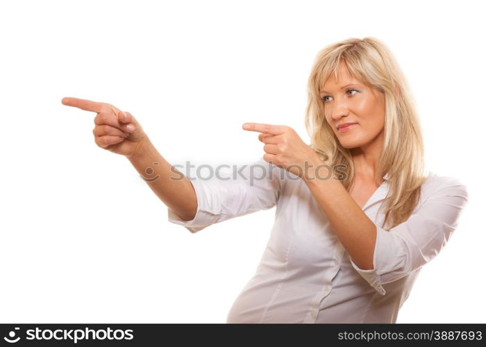 Advertisement concept - mature business woman pointing with finger showing blank copy space isolated on white background