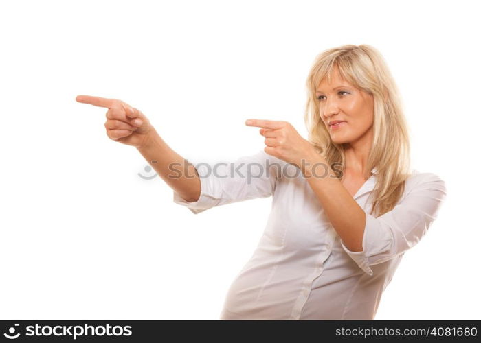 Advertisement concept - mature business woman pointing with finger showing blank copy space isolated on white background